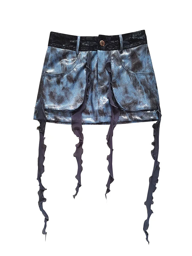 Fringe Patchwork PU Leather Skirt