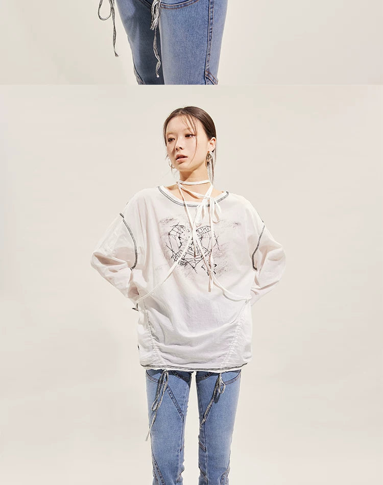 Hand-Drawn Rabbit Print Long Sleeve T-Shirt