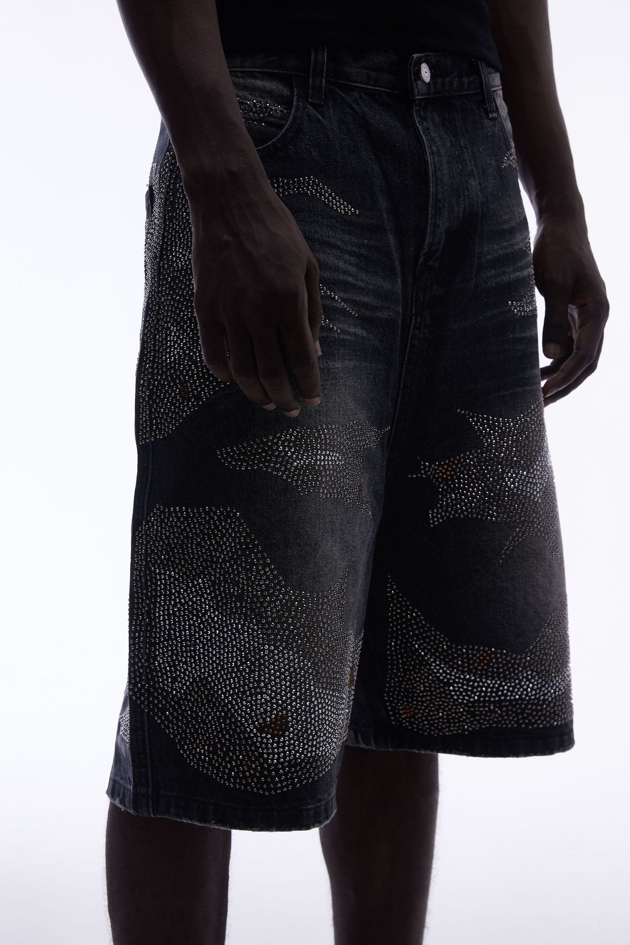 Rhinestone Camouflage Wash Denim Jort