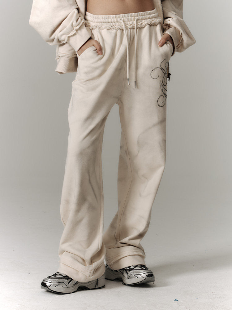 Washed Damage Oversize Zipper Hoodie & Wide Leg Pants Setup