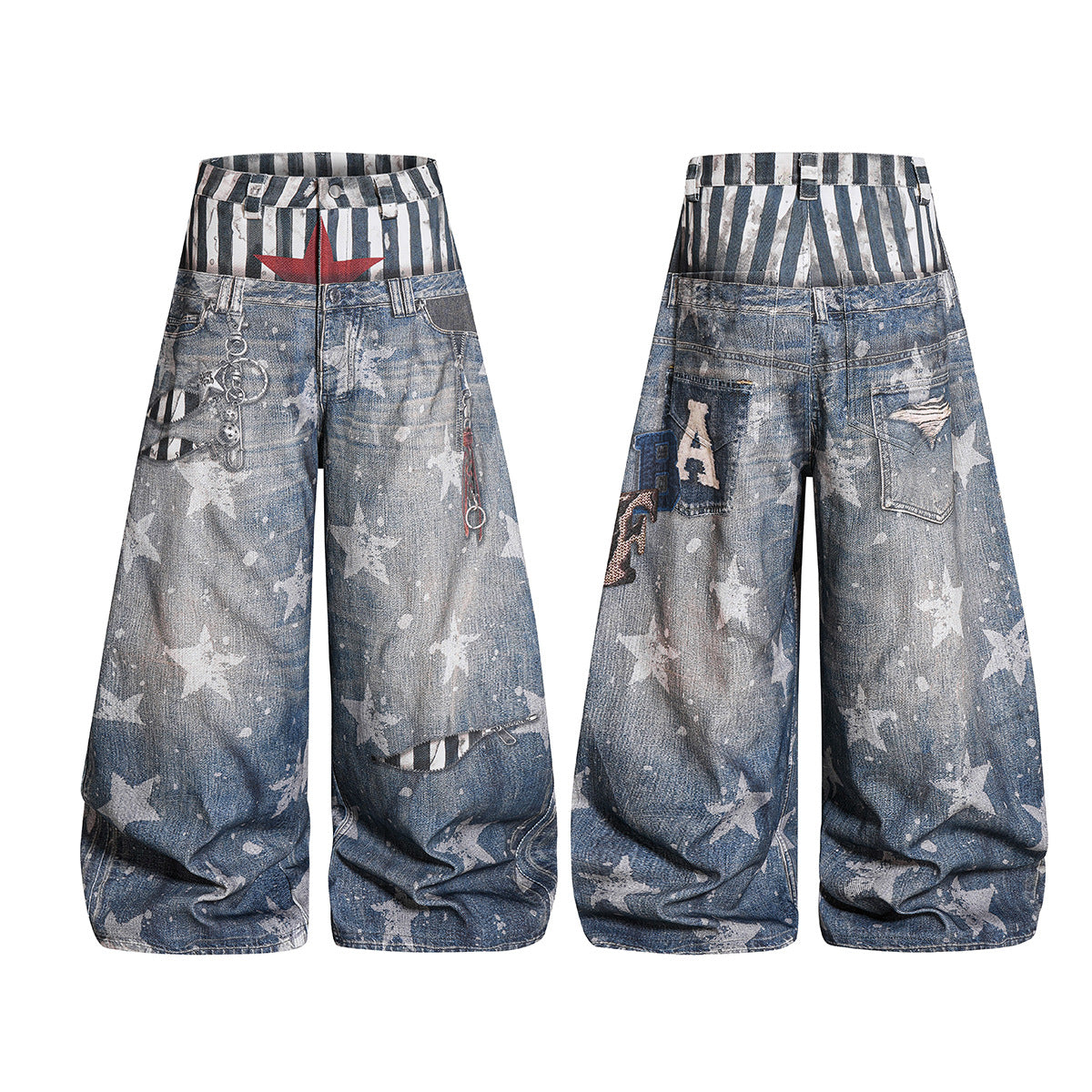 Star Print Fake Layered Curved Wide Leg Denim Jeans