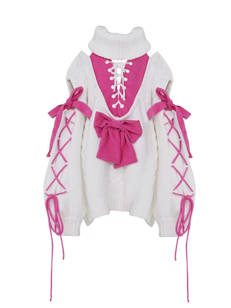 Oversize Fake Layered Bow Knit Sweater