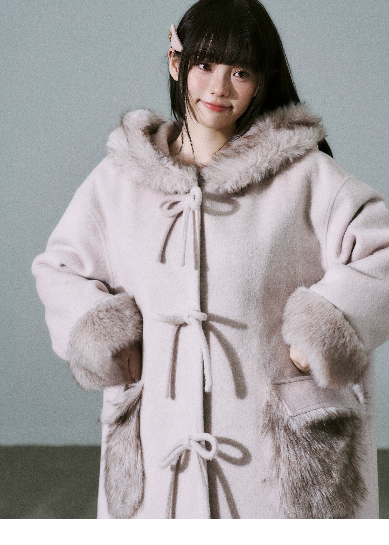 Bow Detail Fake Fur Trim Coat