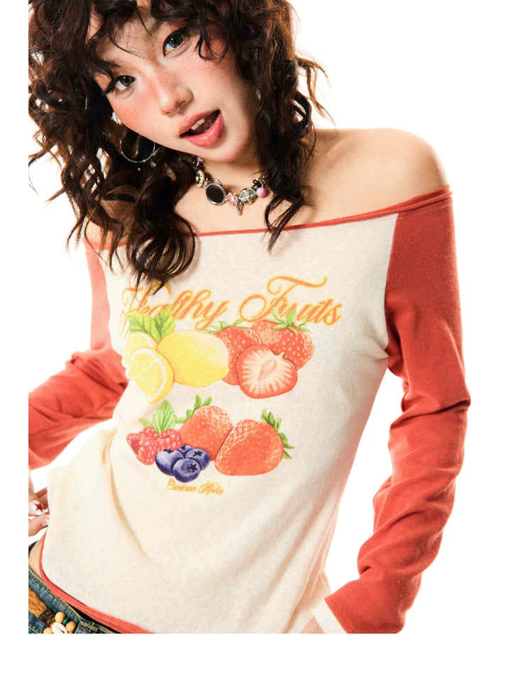 Fruit Graphic Print Off-Shoulder Fitted Long Sleeve T-Shirt