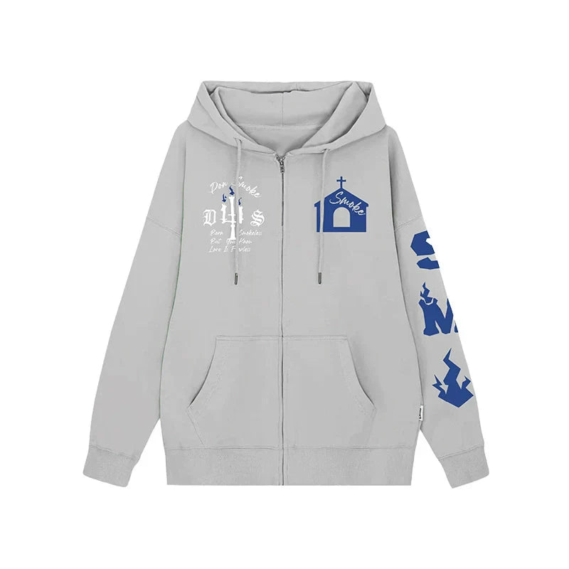 Fleece-Kapuzenjacke mit Schlossprint und Reißverschluss