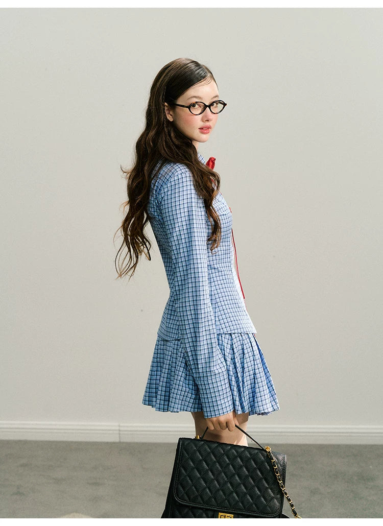 Handmade Rose Plaid Long Sleeve Shirt & Short Pleated Skirt Setup