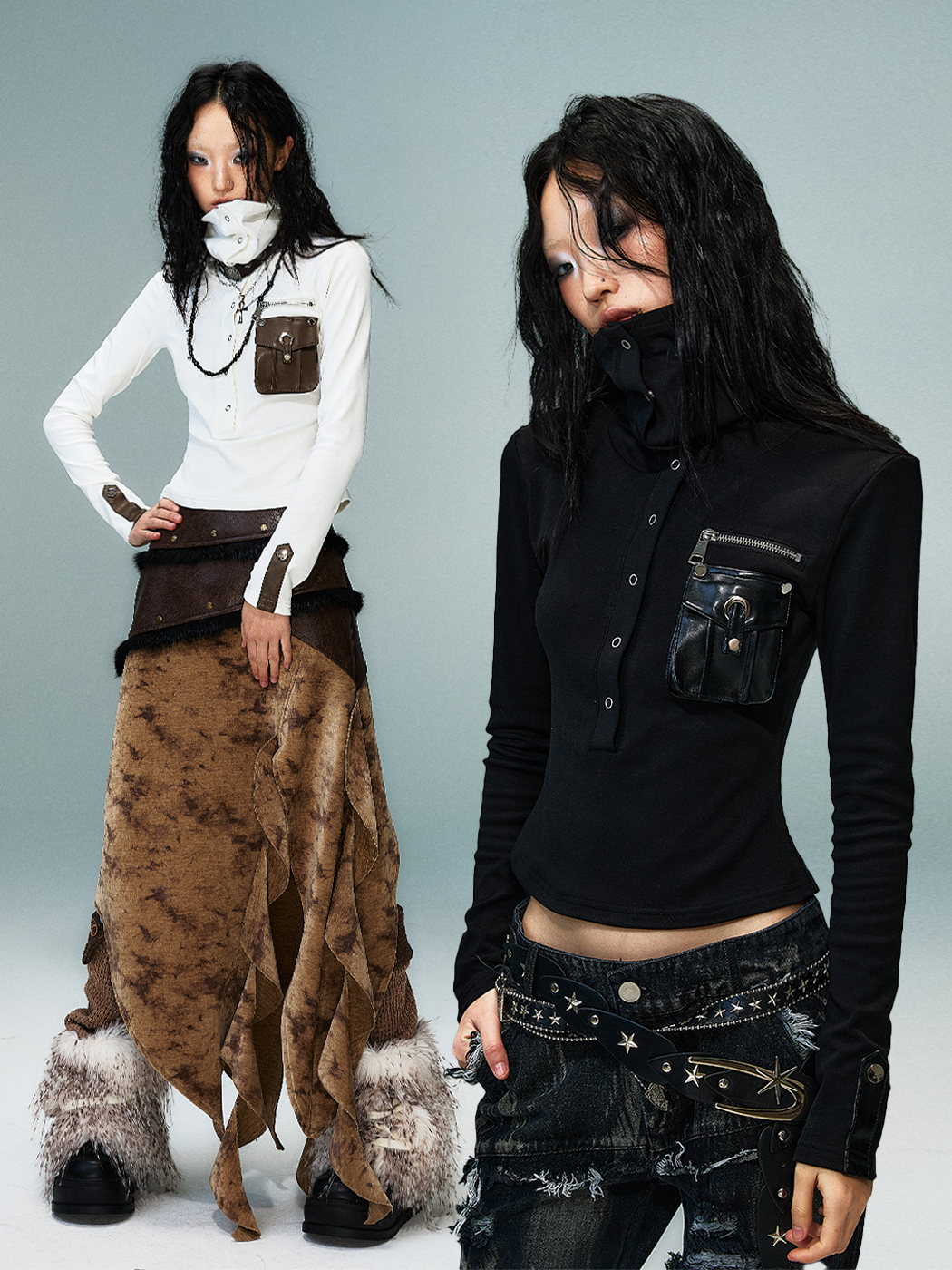 High-Neck Convertible Slim Knit Long Sleeve Shirt