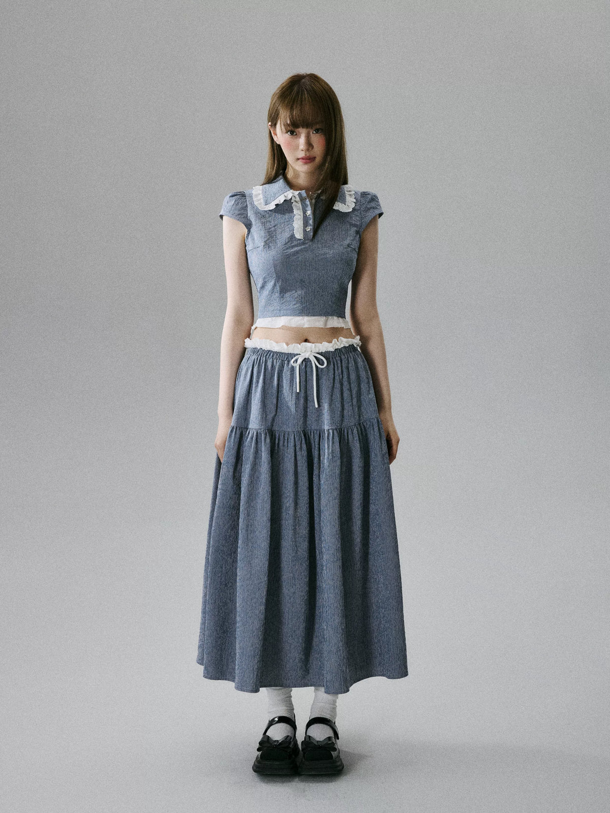 Lace-Trim Short Sleeve Shirt & Drawstring Skirt Setup