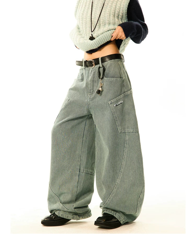 Stripe Pattern Wide Leg Denim Jeans