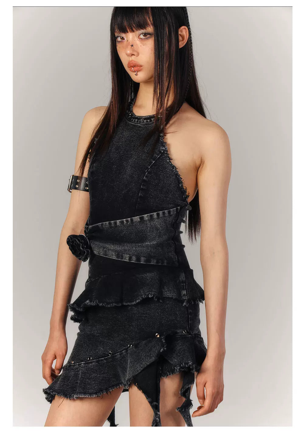 Asymmetrical Halter Denim Sleeveless Dress