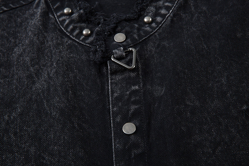 Distressed Short-Sleeved Denim Shirt