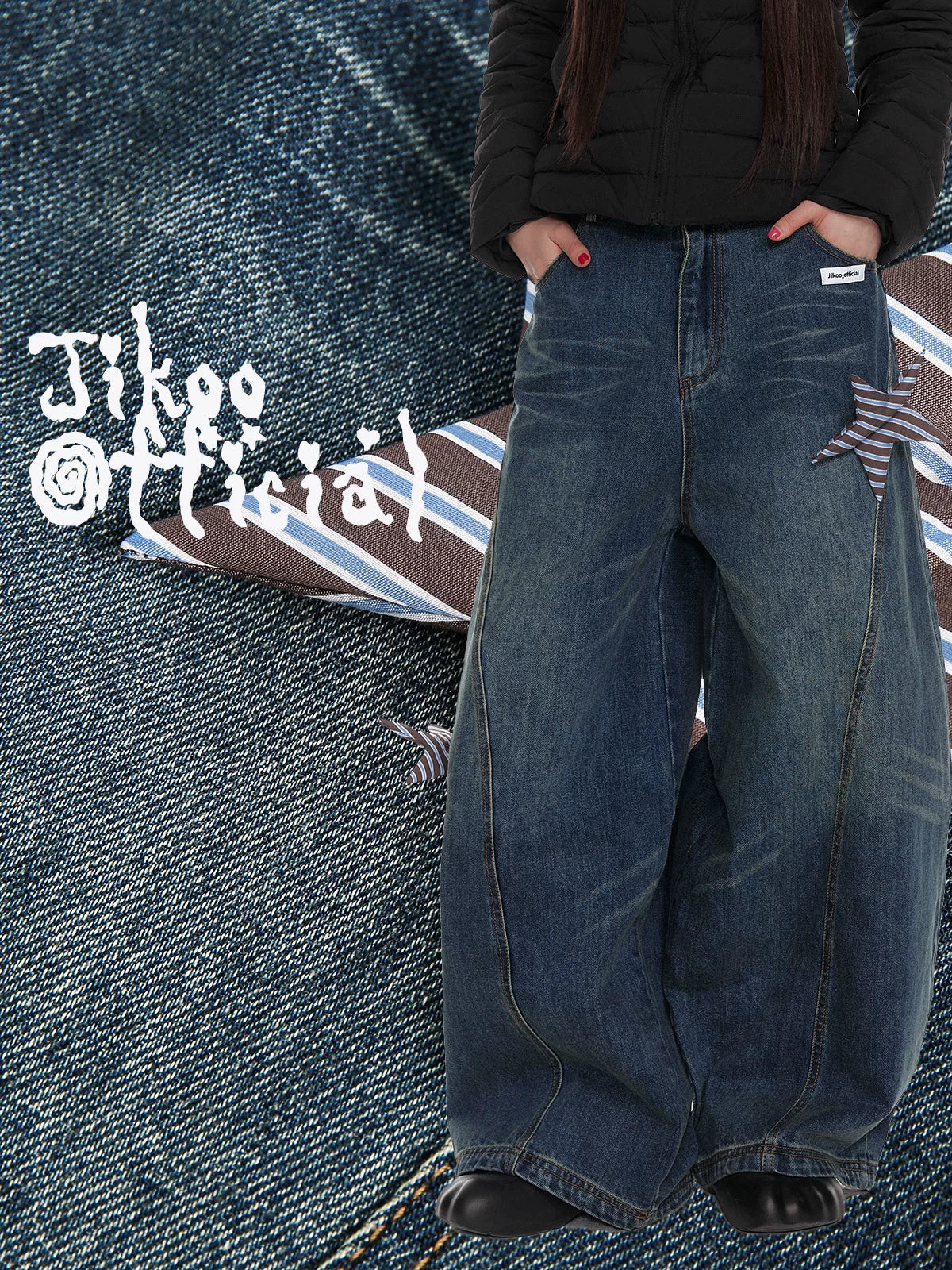 Star Patch Washed Wide-Leg Denim Jeans