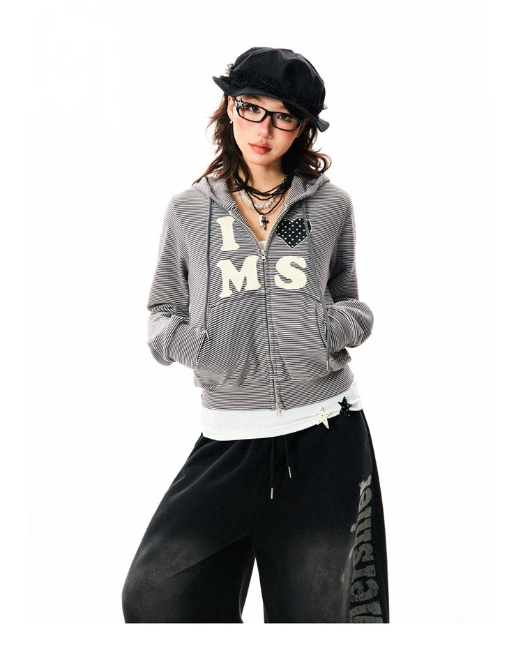 Heart Letter Print Stripe Cropped Zipper Hoodie