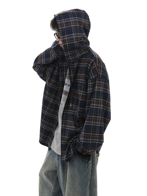 Oversize Plaid Hooded Shirt - blue / M