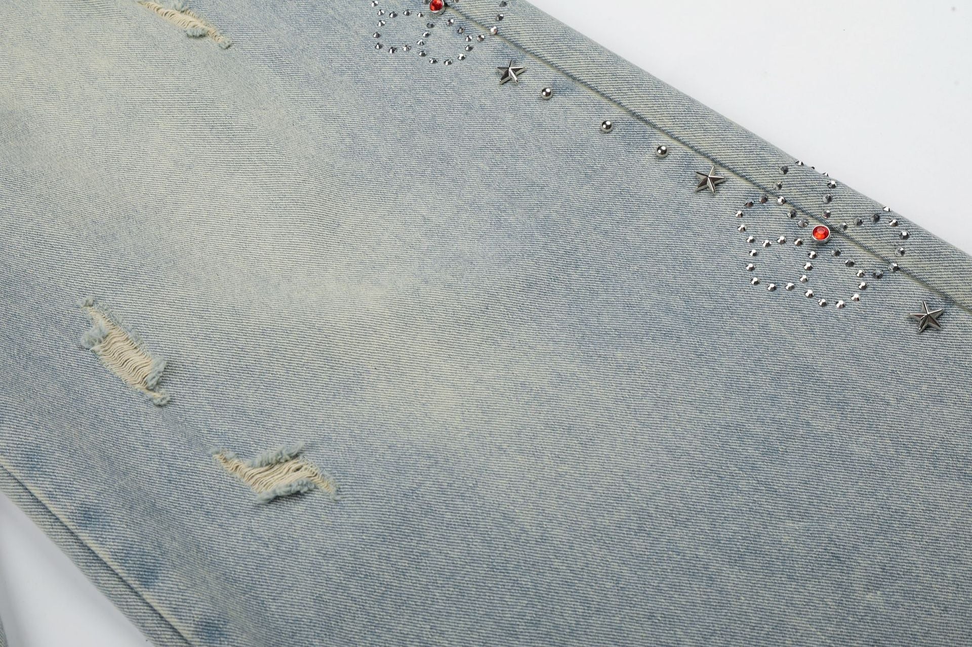 Washed Paint Studs Detail Wide Leg Denim Jeans