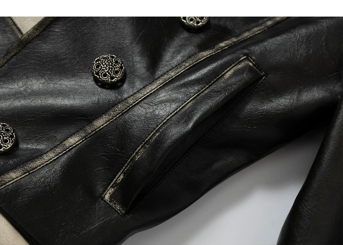 Standing-Collar Belt Detail Fake Fur Cuff PU Leather Jacket