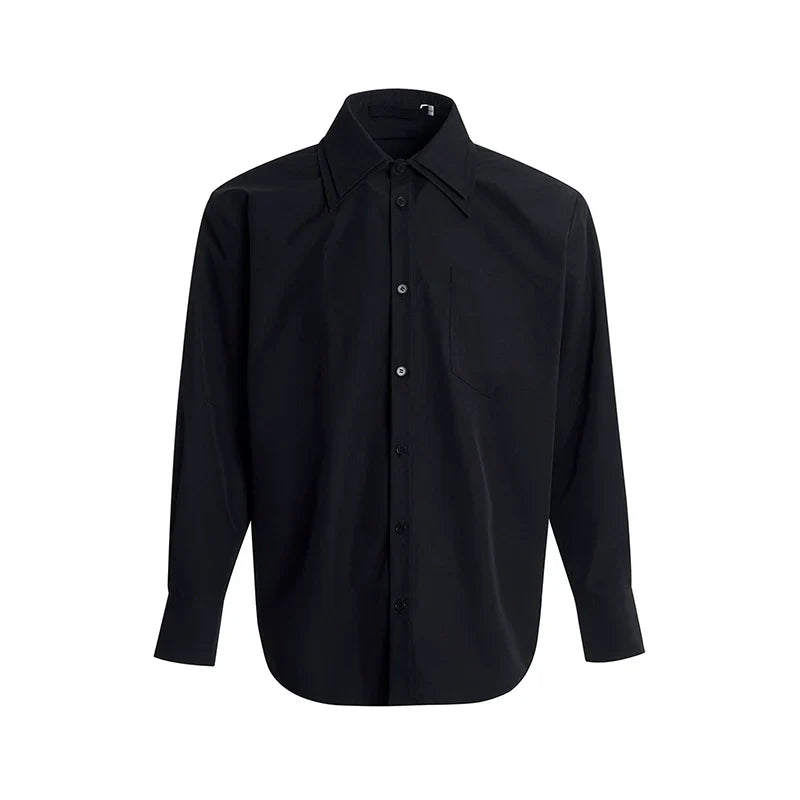Double Pleated Collar Shoulder Pad Long Sleeve Shirt