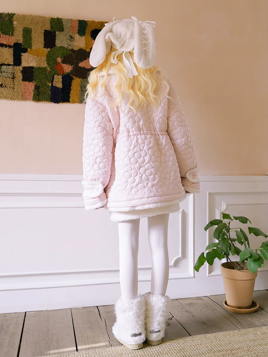 Flower Plush Bow Tie Puffer Jacket