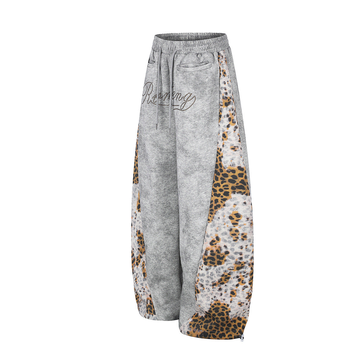 Leopard Print Curved Studs Wide Leg Sweatpants