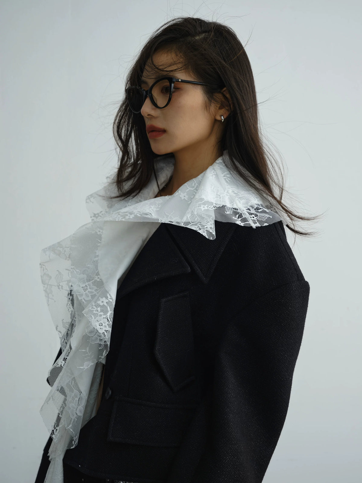 Detachable Lace Ruffle Edge Asymmetric Jacket