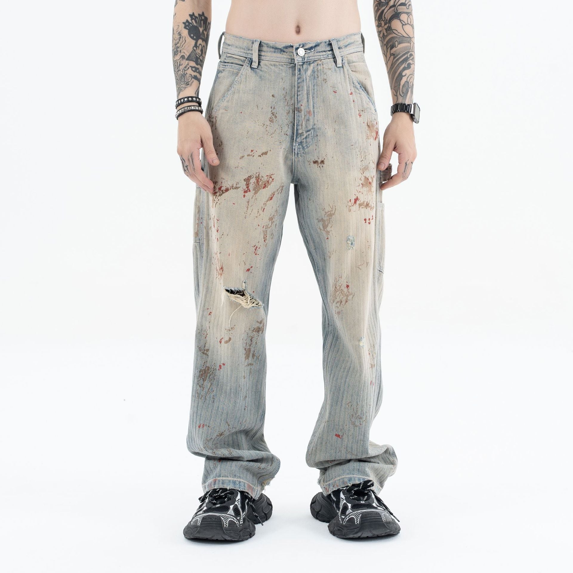 Red-Stained Vintage Dirty-Dye Jeans