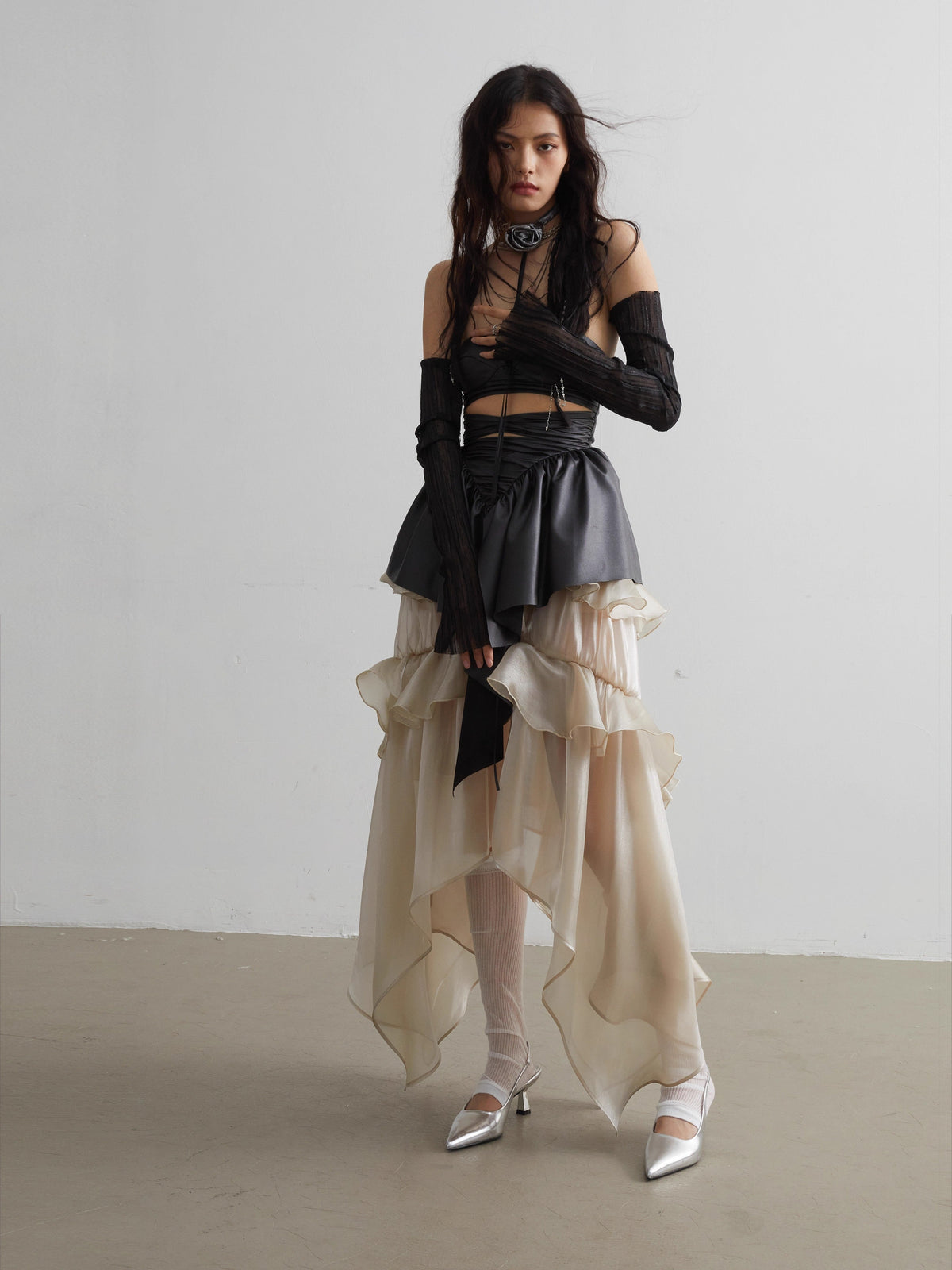 Glossy Layered Ruffle Edge Skirt