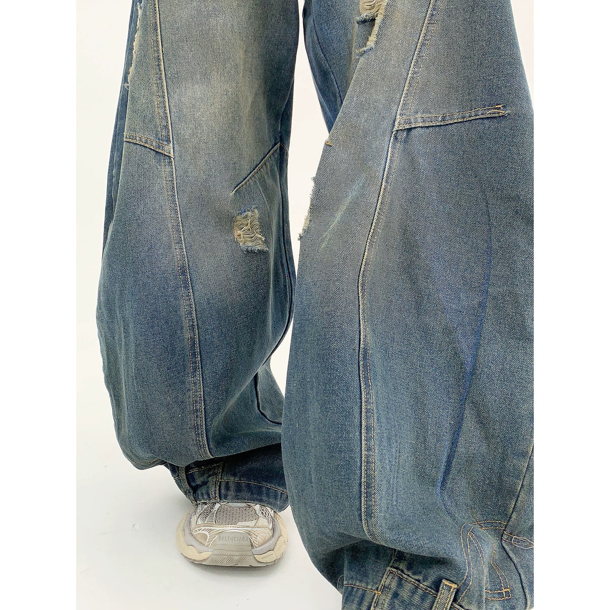 Washed Damaged Wide Leg Denim Jeans