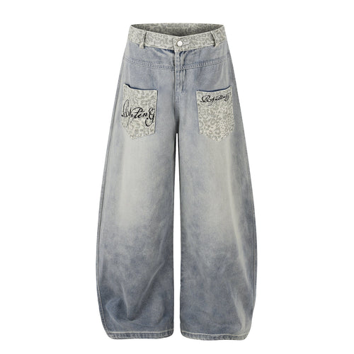 Jean large incurvé en denim à imprimé léopard - Bleu / S