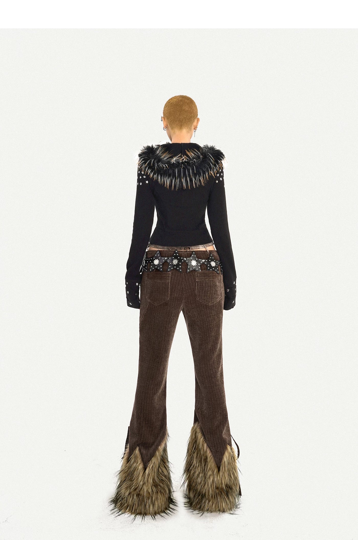 Corduroy Patchwork Fake Fur Lace-Up Slimming Pants