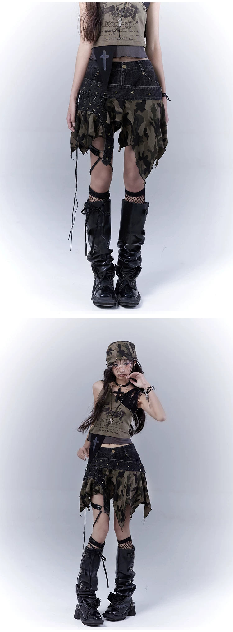 Original Design Damage Camouflage Lace-Up Short Denim Skirt