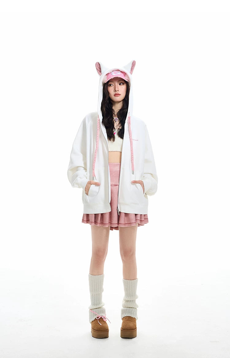 Ear Fleece Oversize Zipper Hoodie