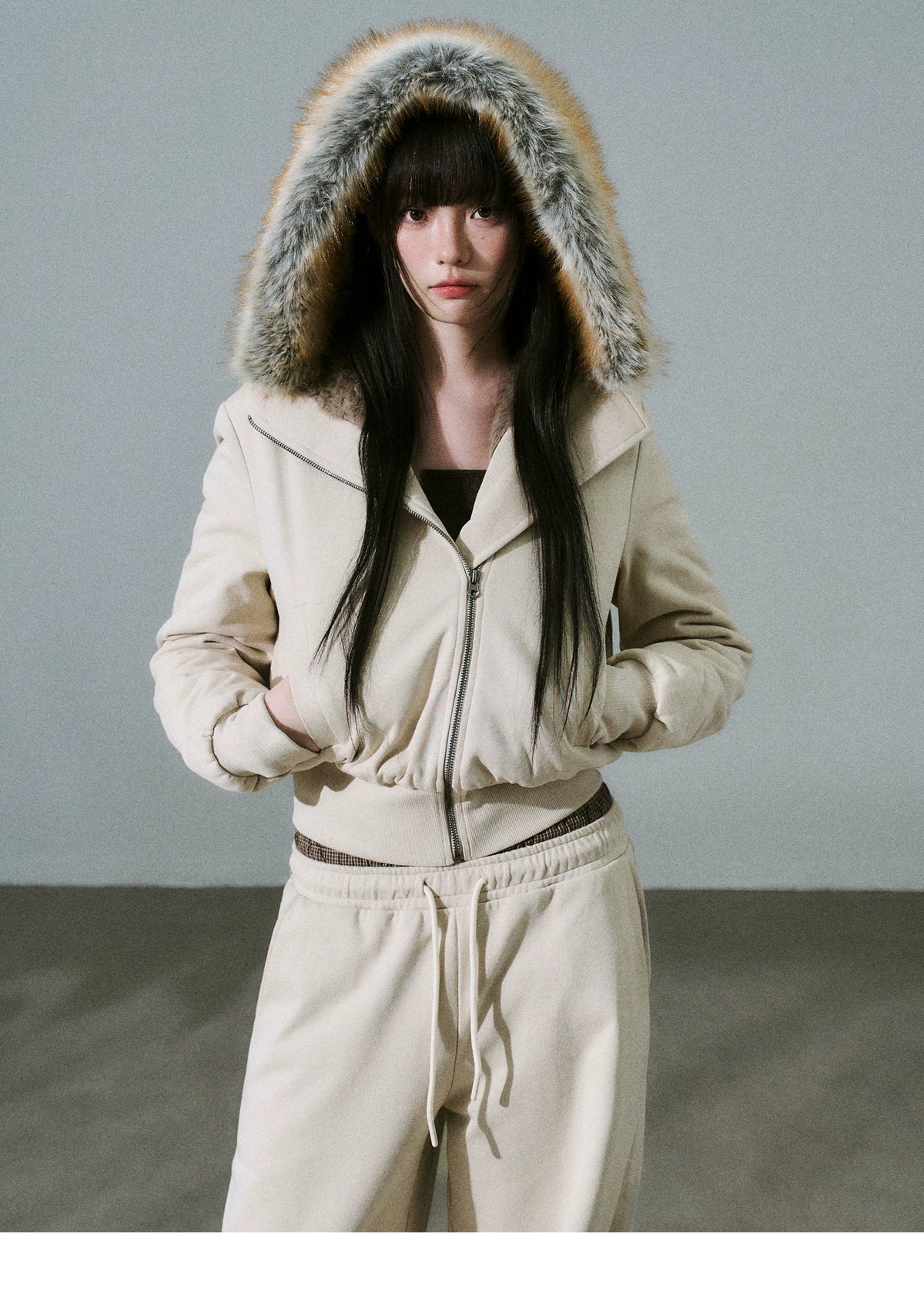 Fake Fur Hooded Zip-Up Jacket & Seatpants Setup