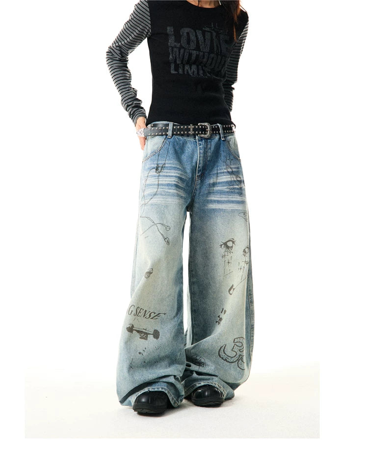 Washed Graffiti Print Wide Leg Denim Jeans
