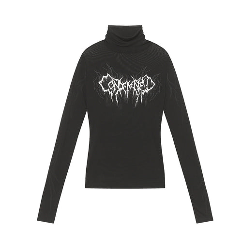 High-Neck Mesh Graphic Print Long Sleeve T-Shirt - Black / M