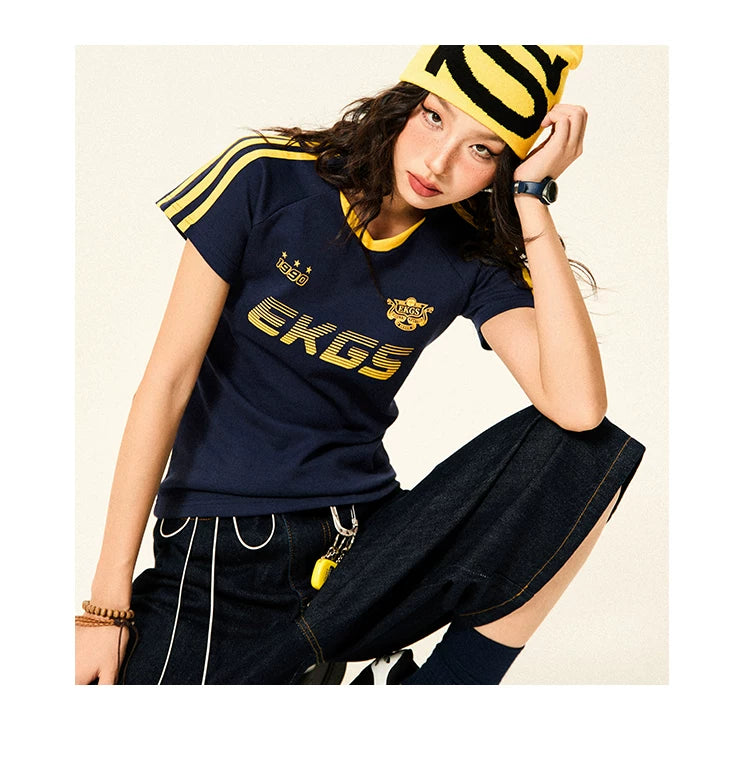 Stripe Letter Print Short Sleeve T-Shirt & Short Pants Setup