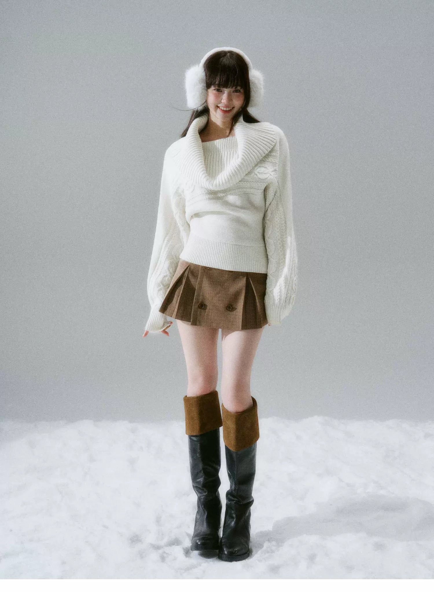 Ribbed Cowl Neck Cable Sleeve Knit Sweater