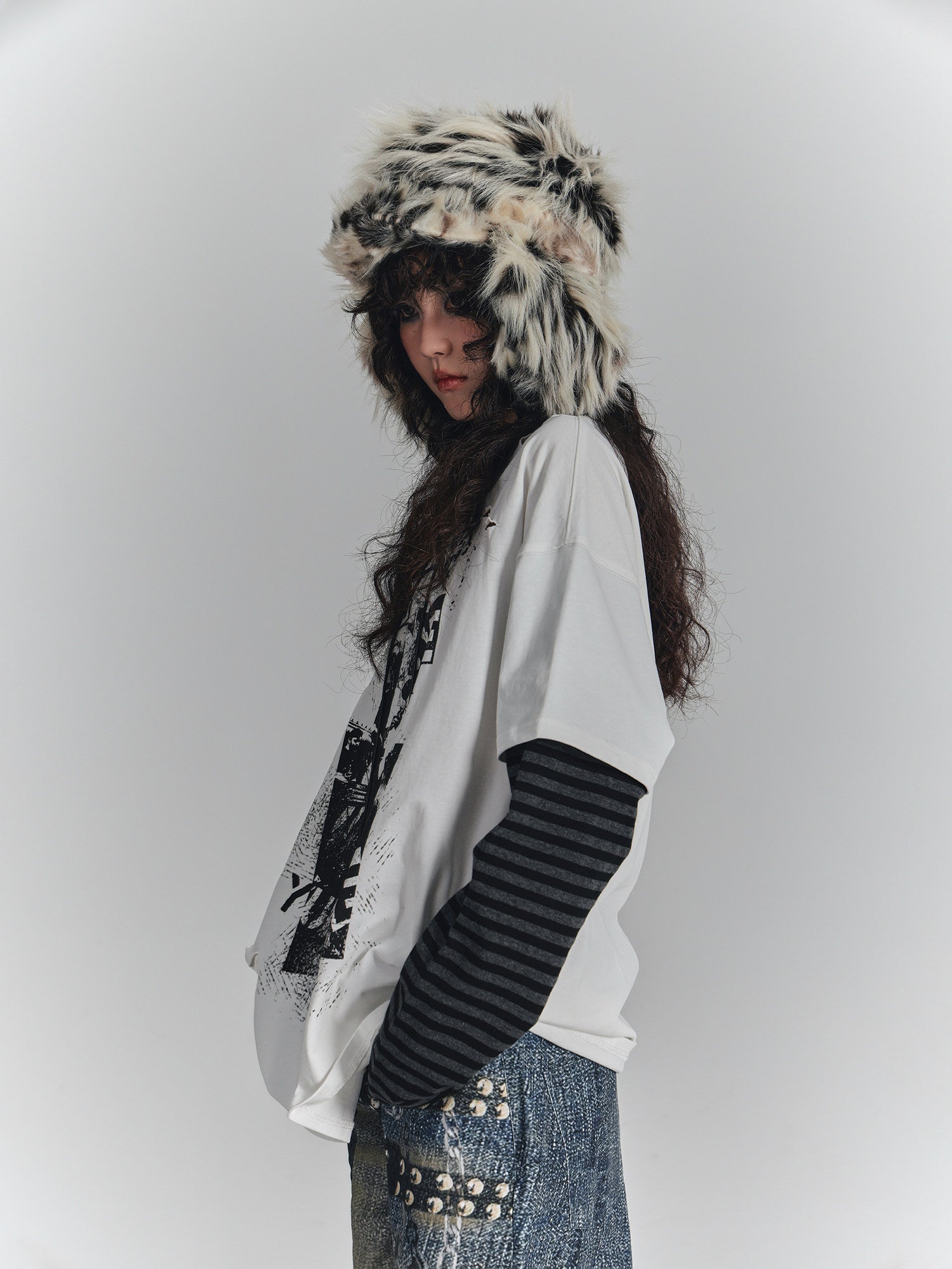 Fake Layered Drawstring V-Neck Long Sleeve T-Shirt