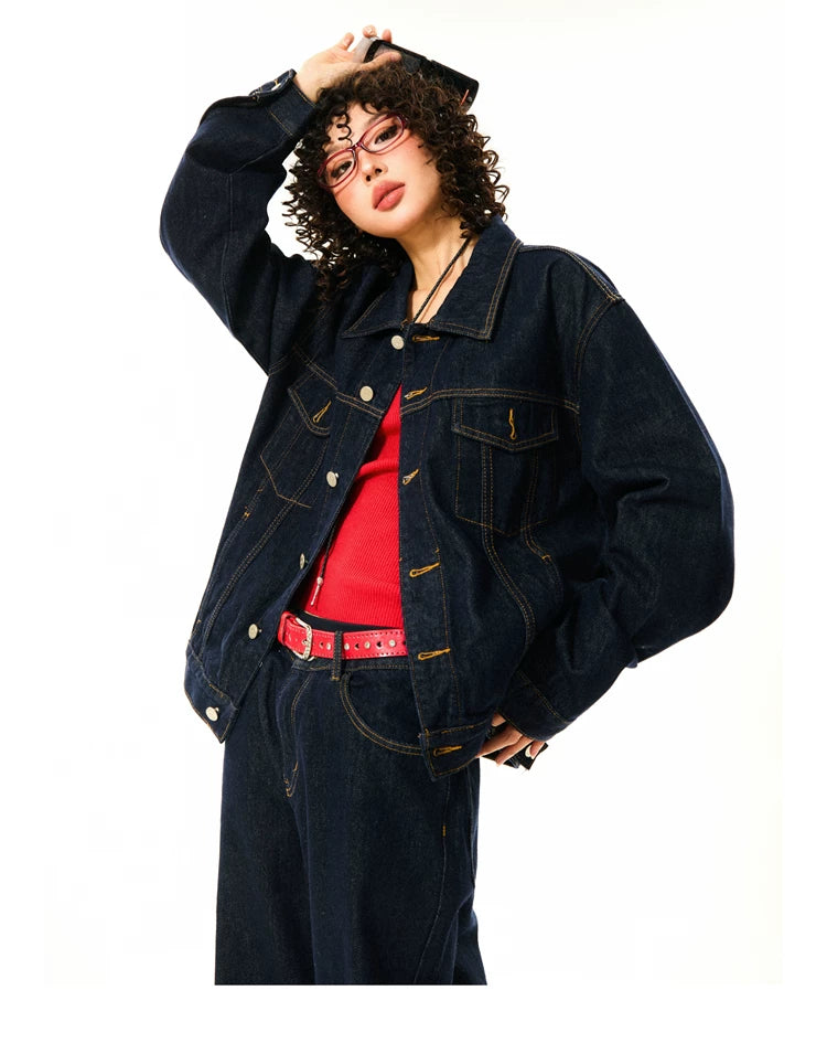 Button Oversize Denim Jacket & Wide Leg Denim Jeans Setup