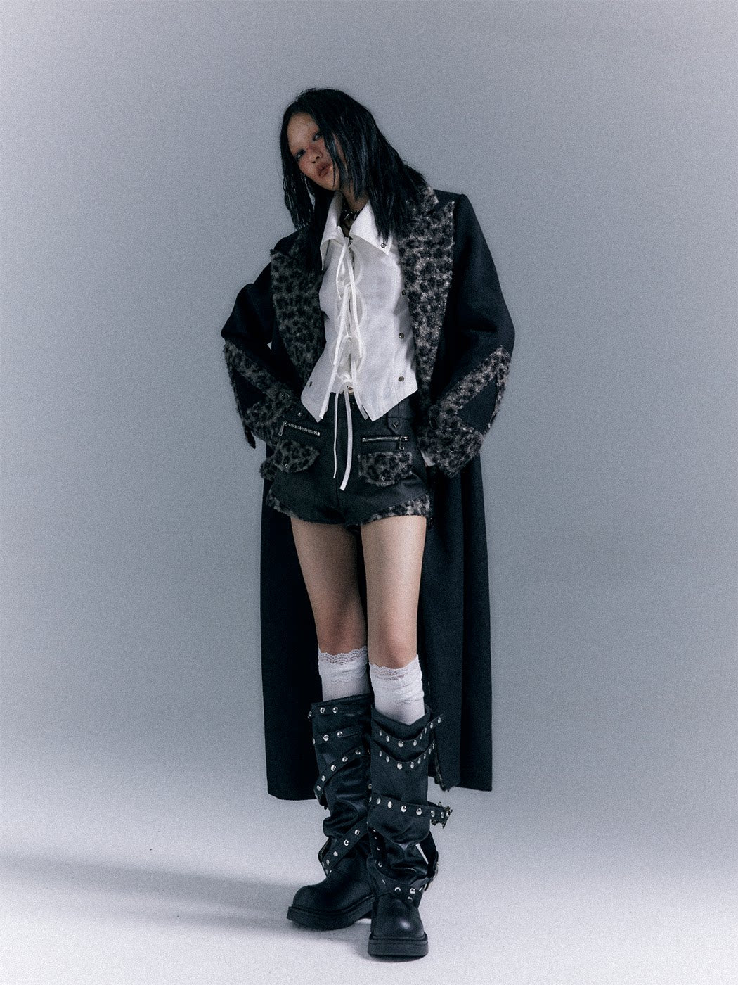 Shoulder Pad Leopard Print Patchwork Wool Coat