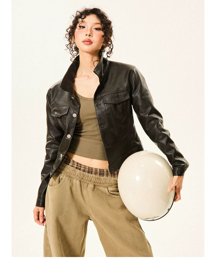 PU Leather Standing-Collar Short Jacket