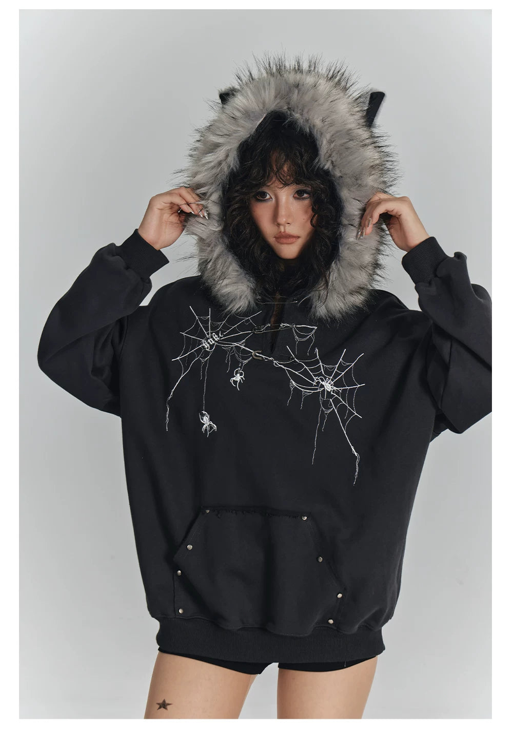 Spider Web Print Fur Collar Cat Ear Oversize Zipper Hoodie