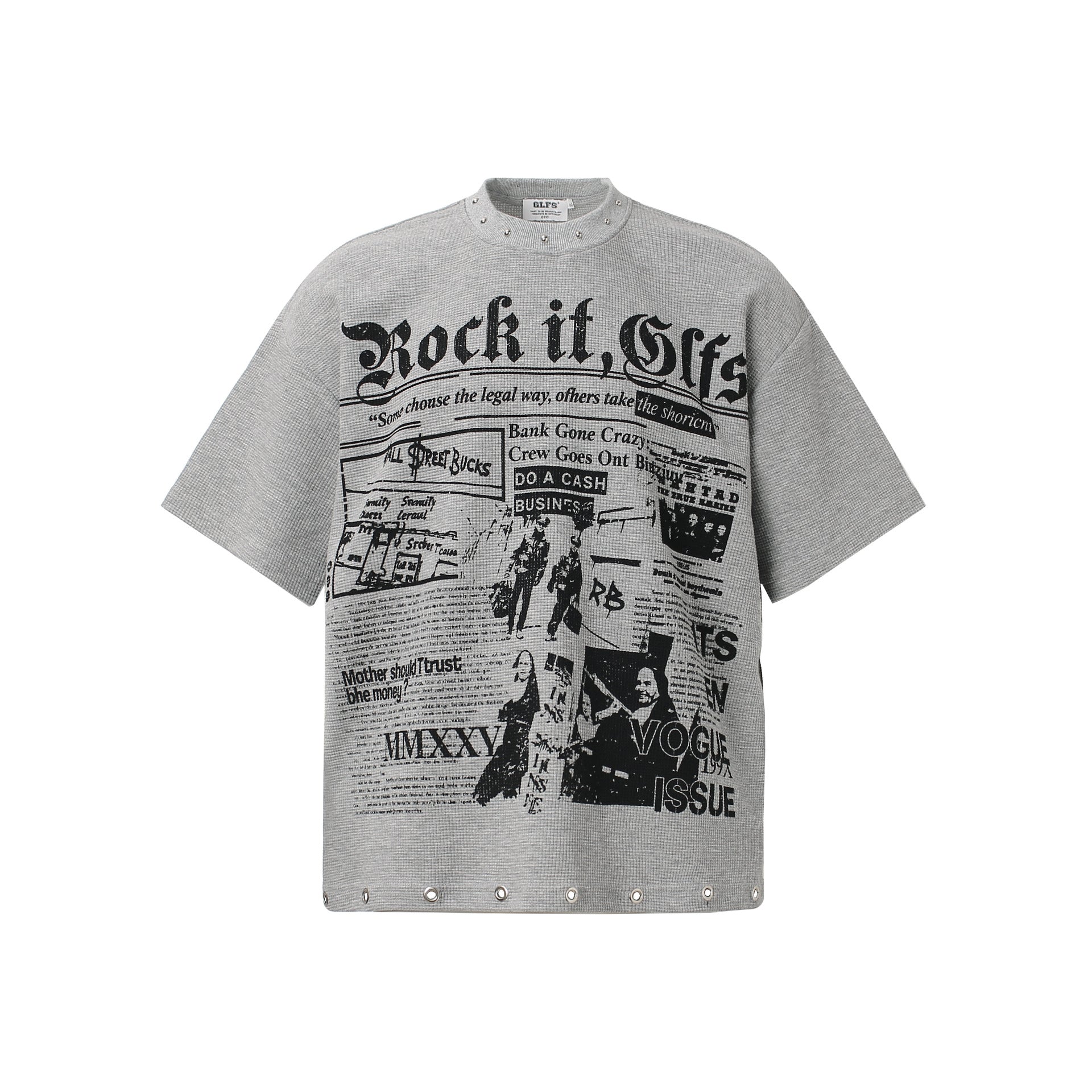 Waffle Newspaper Print Studs Short Sleeve T-Shirt