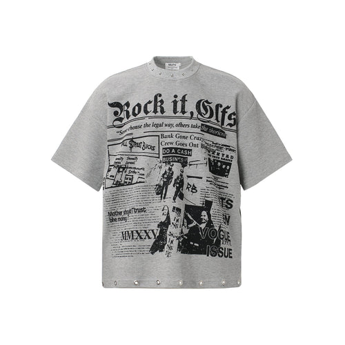 Waffle Newspaper Print Studs Short Sleeve T-Shirt - Gray / M