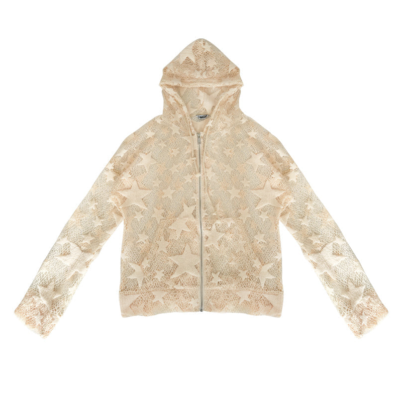 Sheer Mesh Hollow-Out Zipper Hoodie