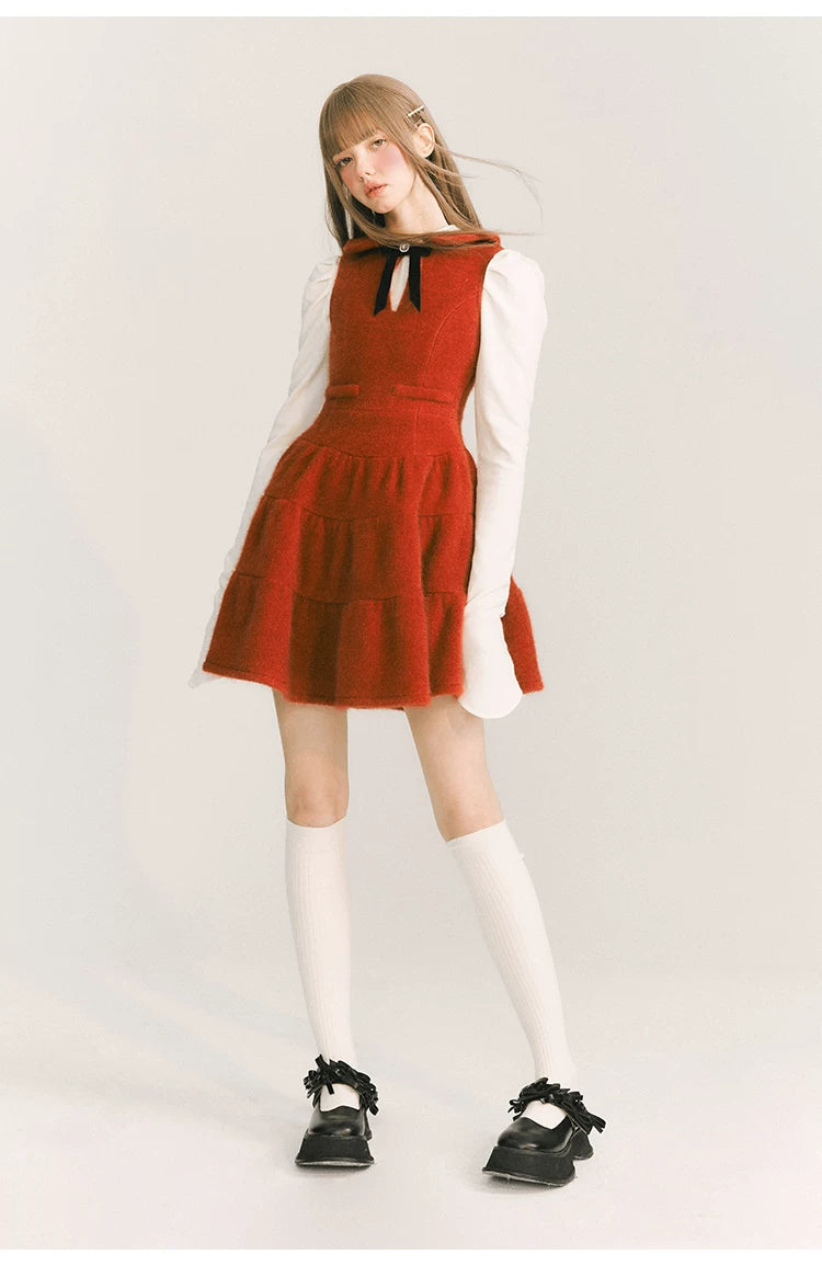 Bow Velvet Ruffle Short Length Dress