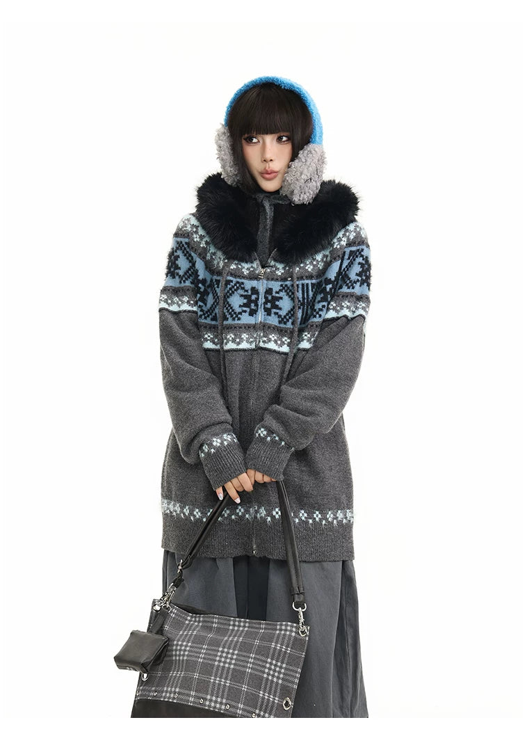 Fur Collar Fair Isle Hooded Knit Cardigan