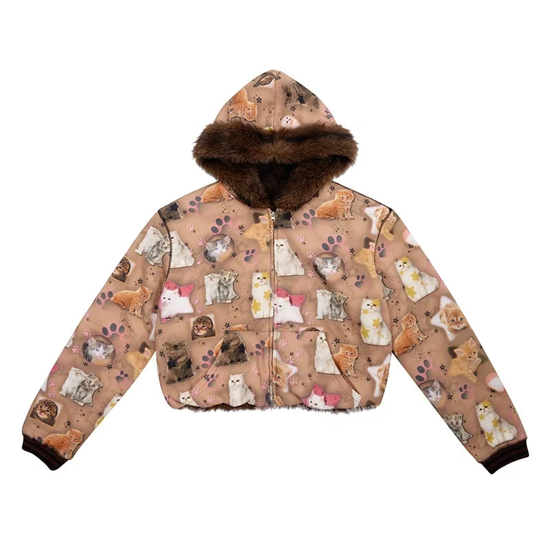 Cat Print Reversible Fur Zipper Jacket