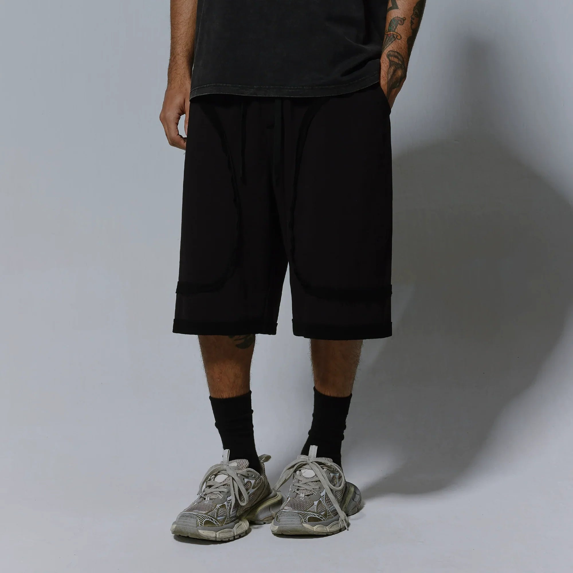 Washed Deconstructed Patchwork Wide Leg Short