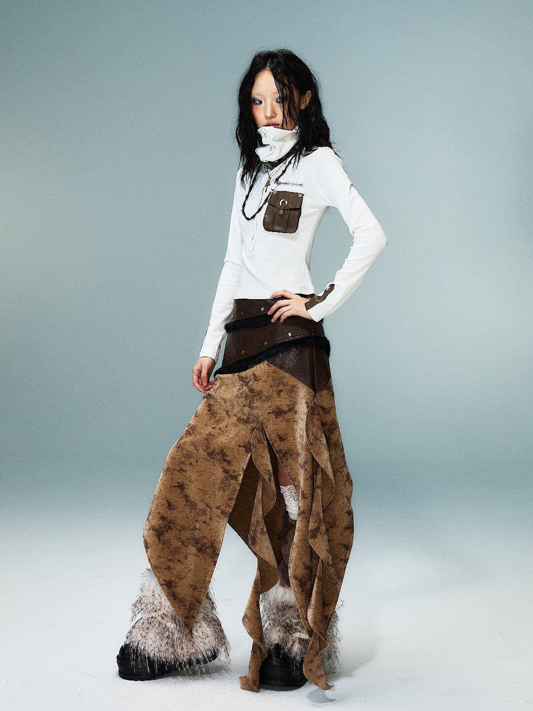 High-Neck Convertible Slim Knit Long Sleeve Shirt