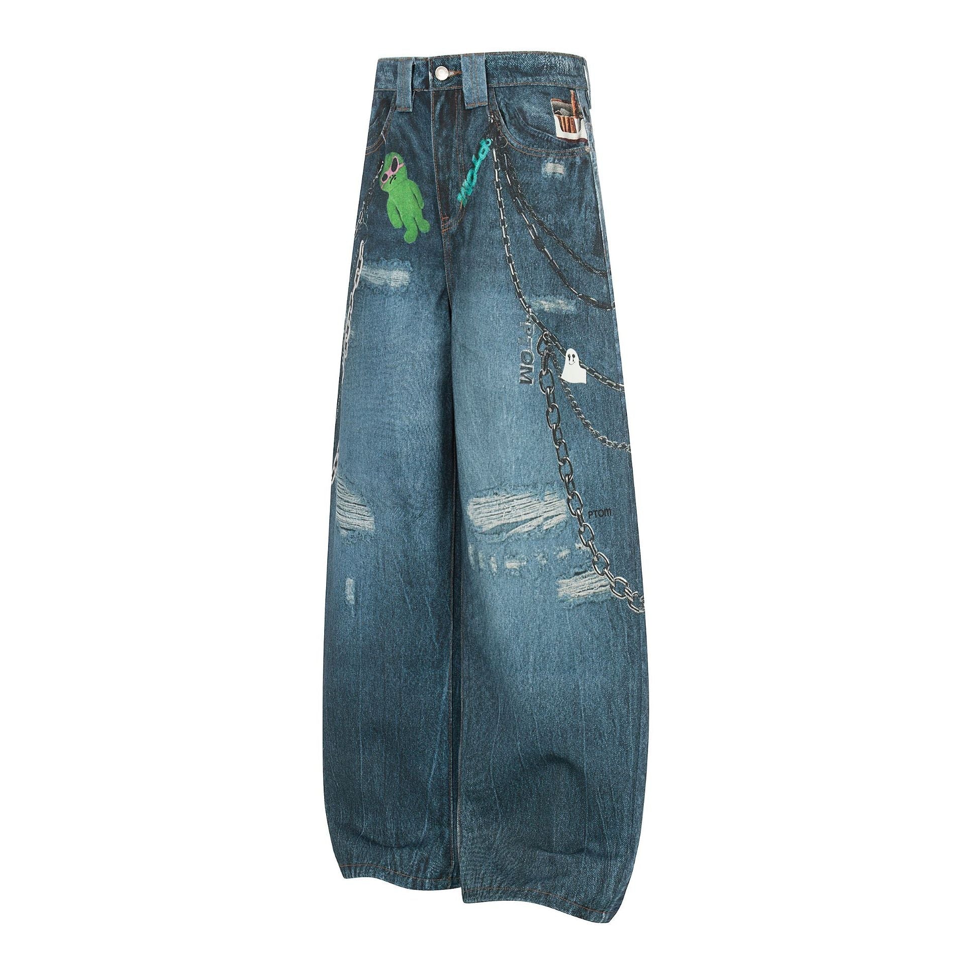Washed 3D Print Curved Wide Leg Denim Jeans